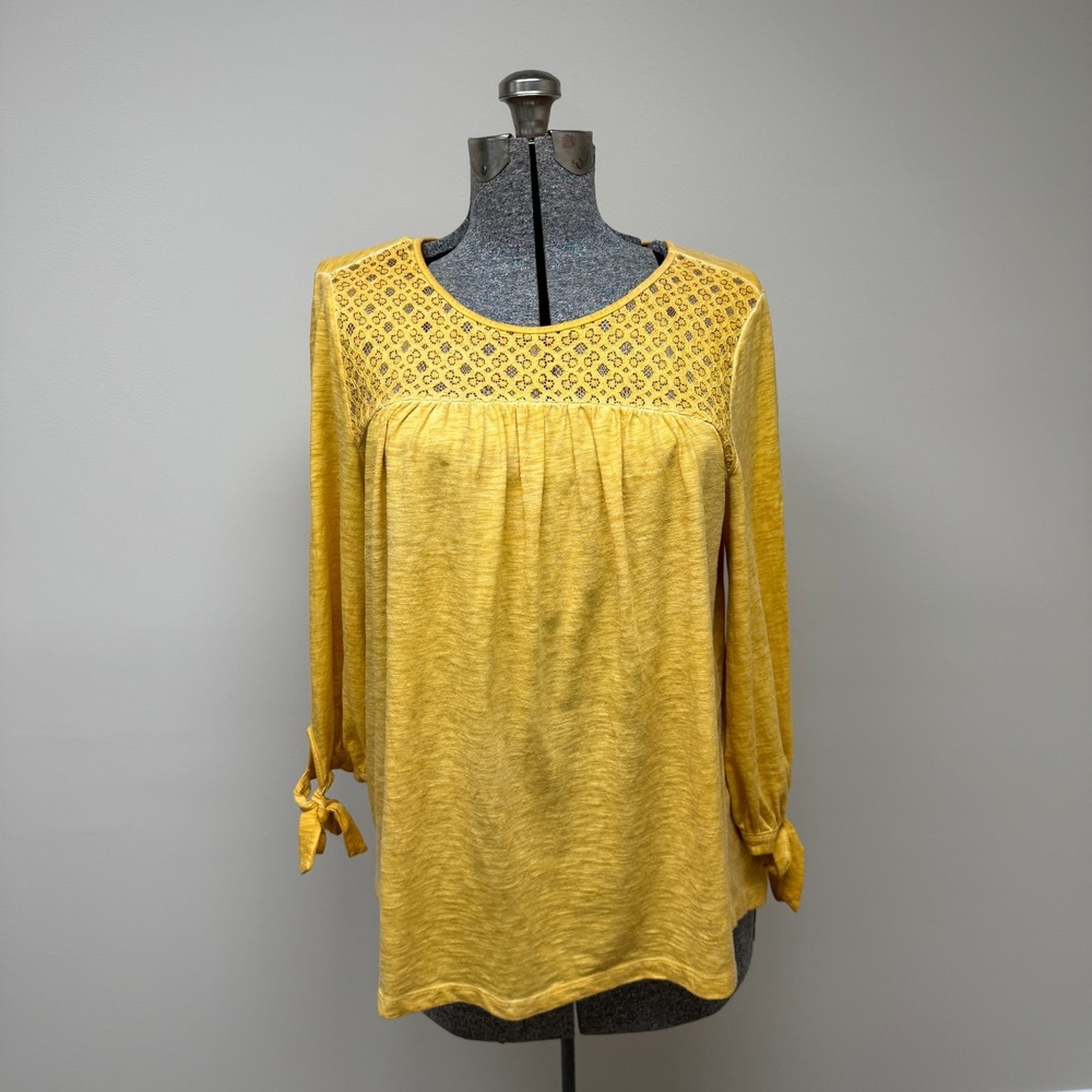 St. John's Bay Lace Yoke Tunic Top Women Large Yellow Tie Sleeve Prairie Peasant